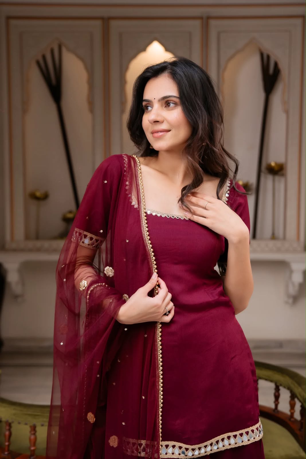 Heavy Faux Georgette Real Mirror Work Suit Set with Palazzo & Dupatta