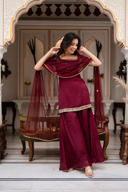 Heavy Faux Georgette Real Mirror Work Suit Set with Palazzo & Dupatta
