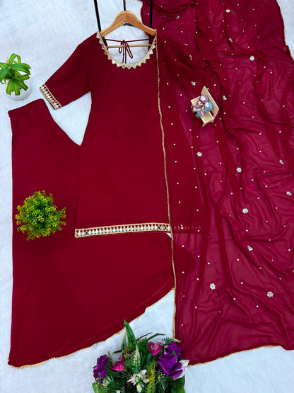 Heavy Faux Georgette Real Mirror Work Suit Set with Palazzo & Dupatta