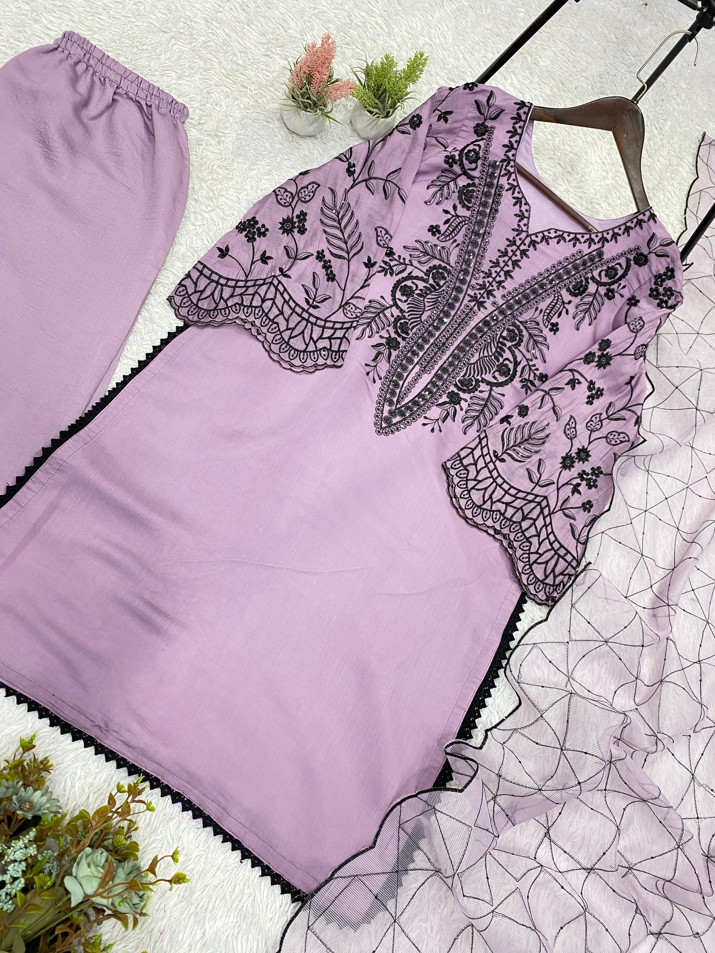 Mal Cotton Sequence Embroidered Suit Set with Palazzo & Organza Dupatta