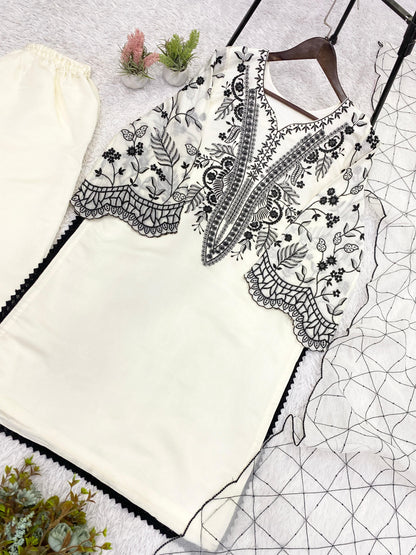 Mal Cotton Sequence Embroidered Suit Set with Palazzo & Organza Dupatta