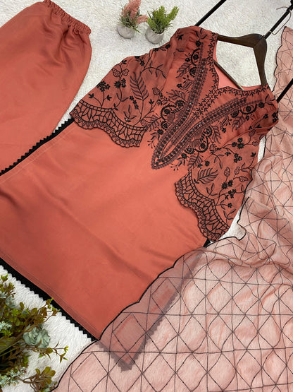 Mal Cotton Sequence Embroidered Suit Set with Palazzo & Organza Dupatta