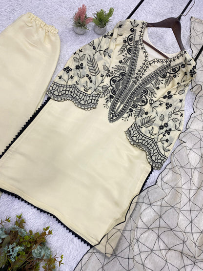 Mal Cotton Sequence Embroidered Suit Set with Palazzo & Organza Dupatta