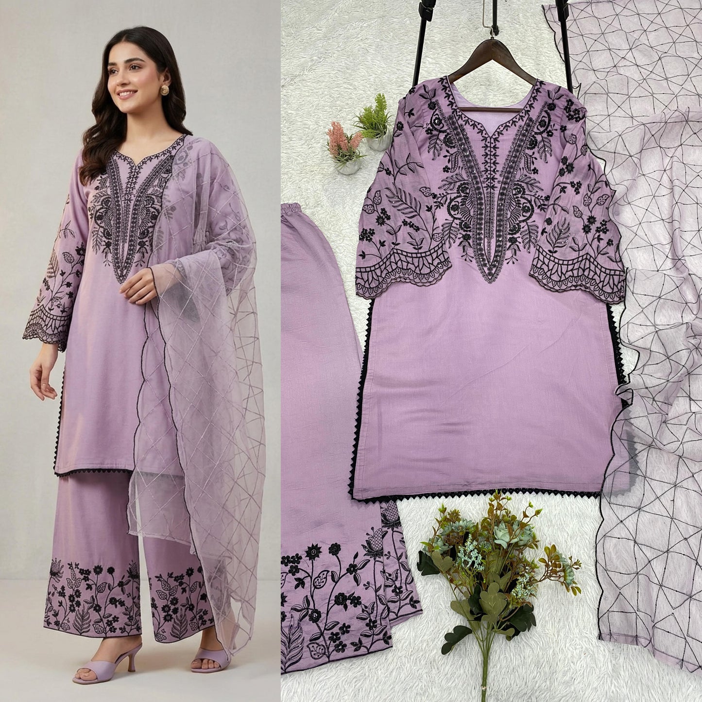Mal Cotton Sequence Embroidered Suit Set with Palazzo & Organza Dupatta