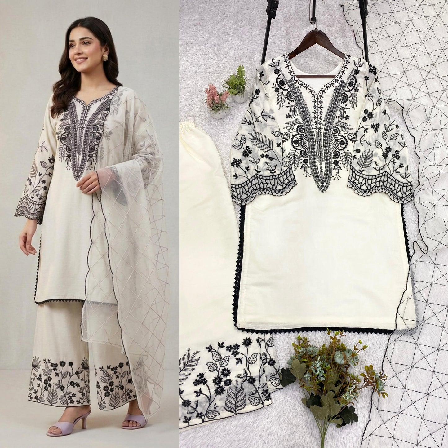 Mal Cotton Sequence Embroidered Suit Set with Palazzo & Organza Dupatta