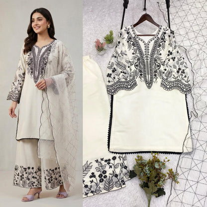 Mal Cotton Sequence Embroidered Suit Set with Palazzo & Organza Dupatta