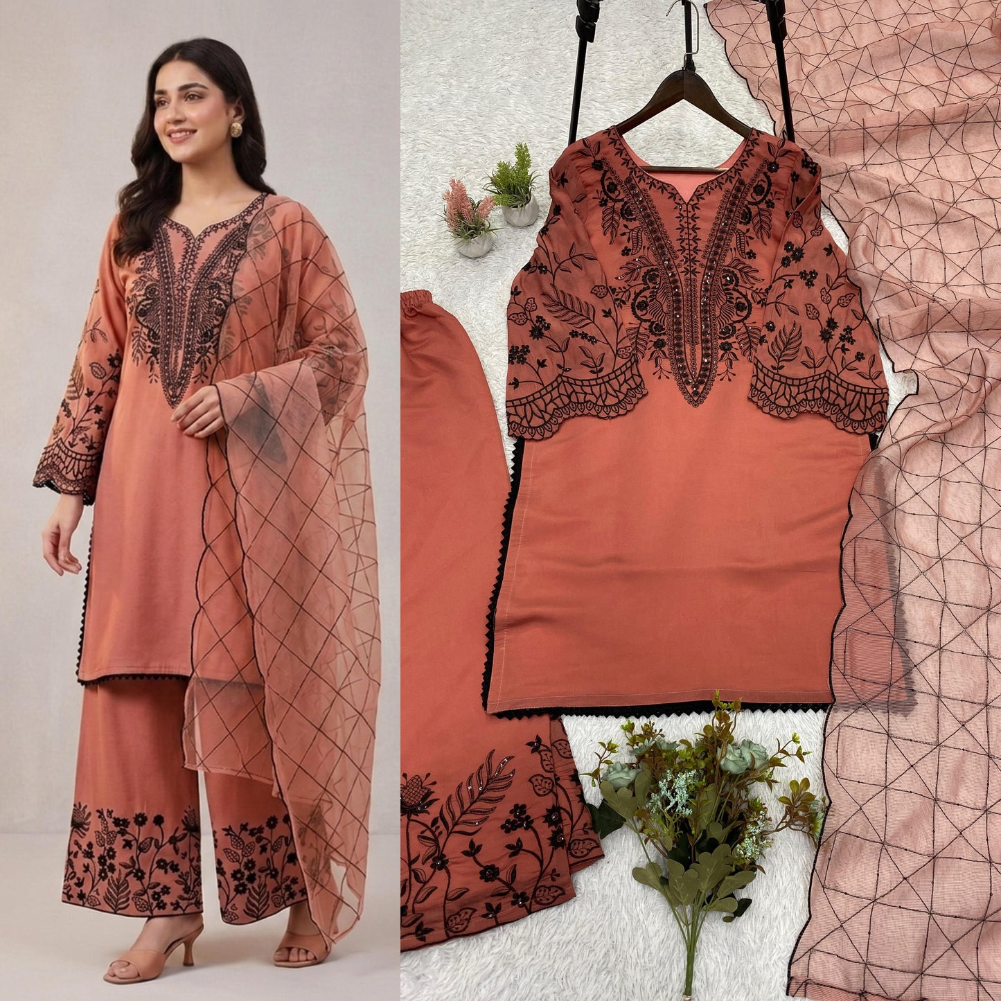 Mal Cotton Sequence Embroidered Suit Set with Palazzo & Organza Dupatta