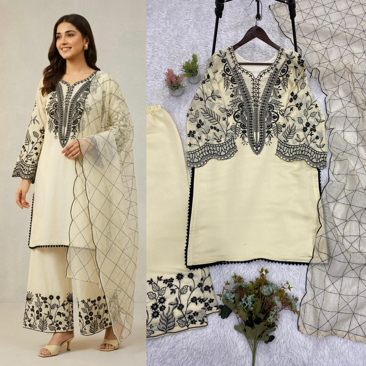 Mal Cotton Sequence Embroidered Suit Set with Palazzo & Organza Dupatta