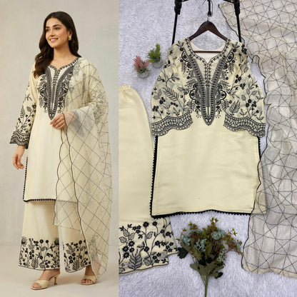 Mal Cotton Sequence Embroidered Suit Set with Palazzo & Organza Dupatta