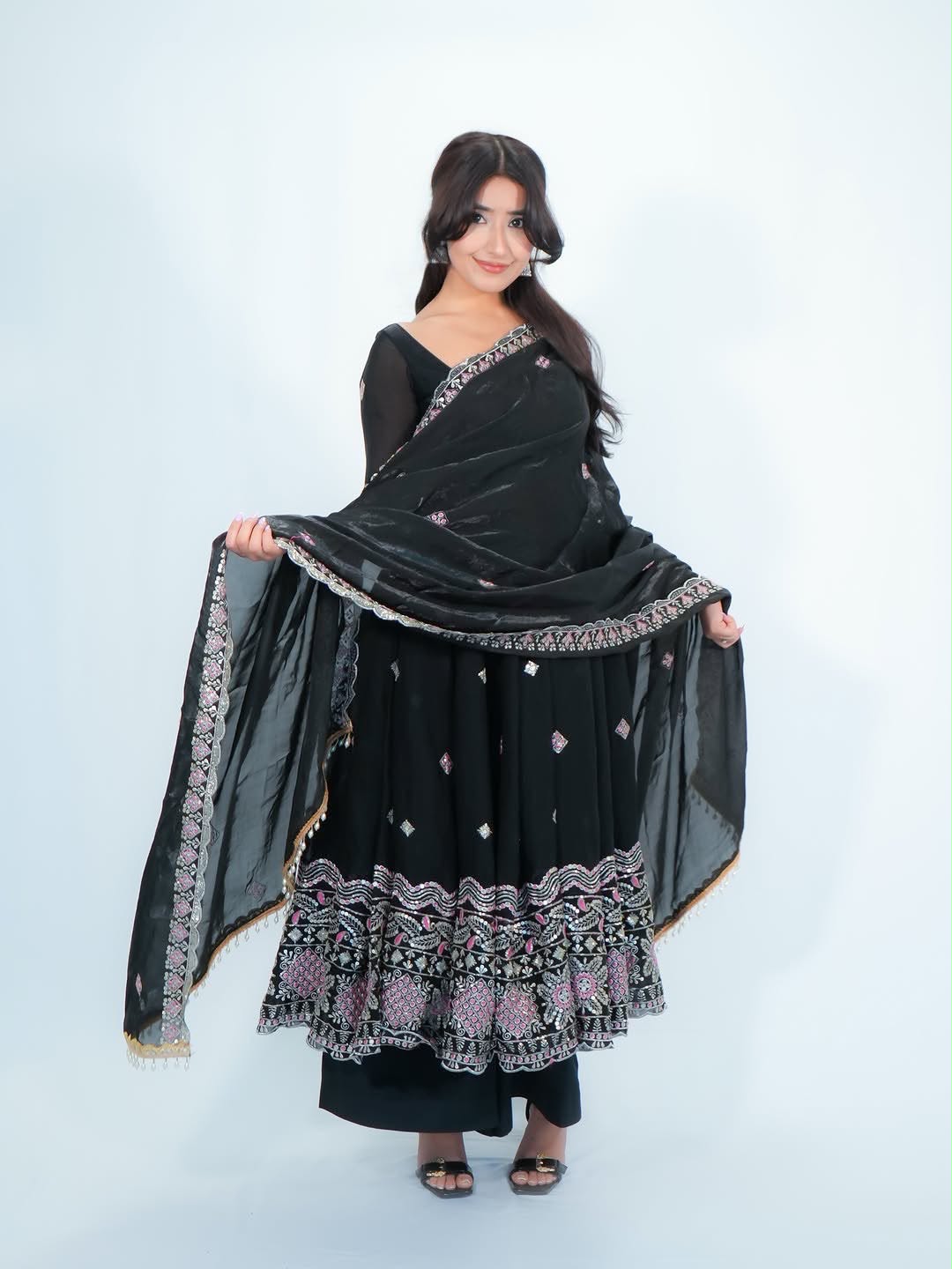 Designer Fendy Silk Anarkali Set with Pant & Embroidered Dupatta