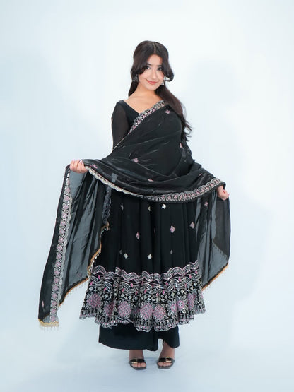 Designer Fendy Silk Anarkali Set with Pant & Embroidered Dupatta