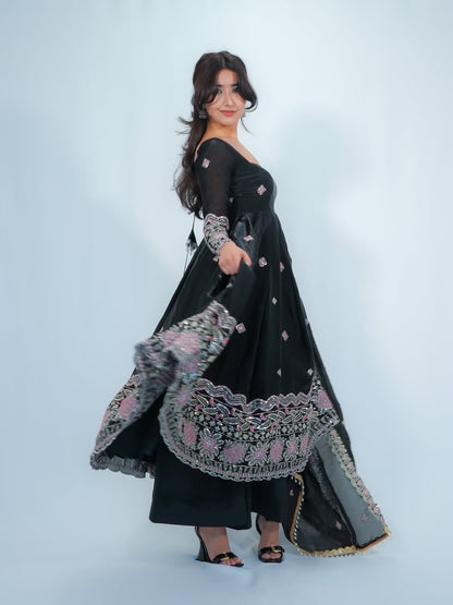 Designer Fendy Silk Anarkali Set with Pant & Embroidered Dupatta