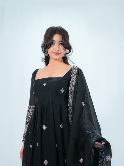 Designer Fendy Silk Anarkali Set with Pant & Embroidered Dupatta