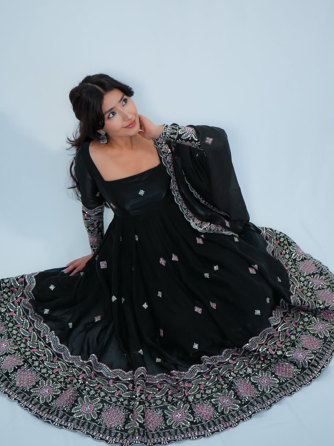 Designer Fendy Silk Anarkali Set with Pant & Embroidered Dupatta