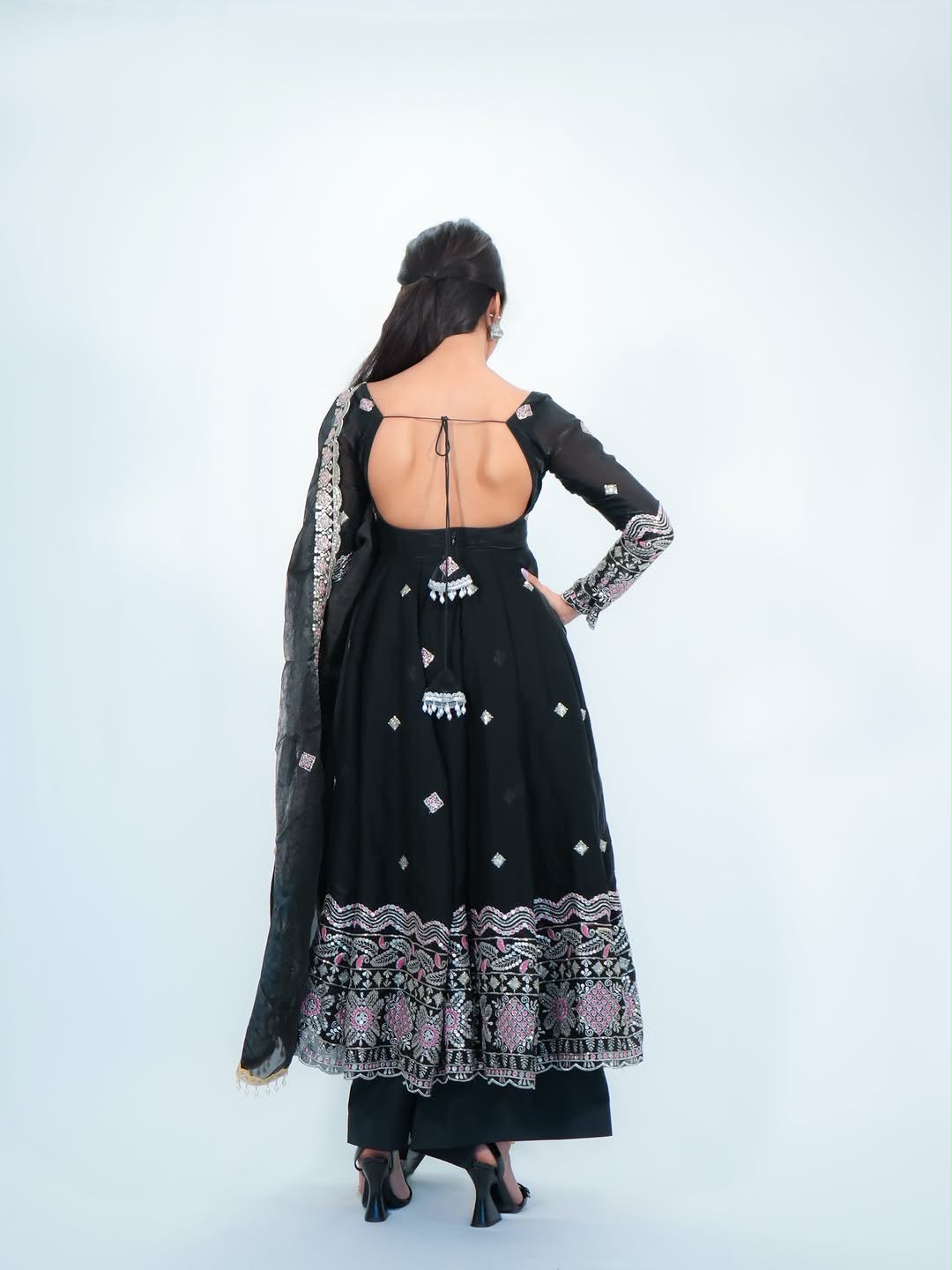 Designer Fendy Silk Anarkali Set with Pant & Embroidered Dupatta