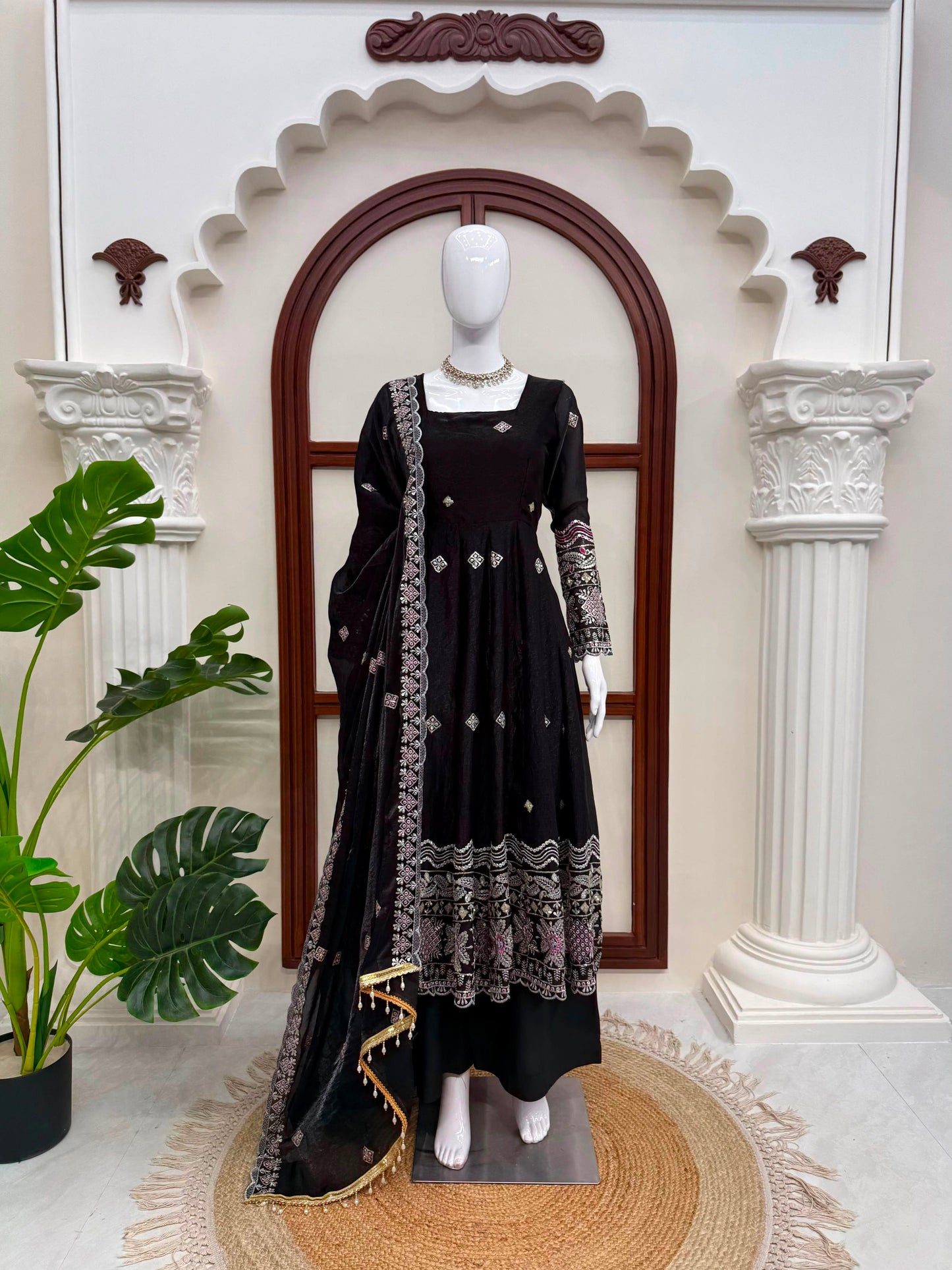 Designer Fendy Silk Anarkali Set with Pant & Embroidered Dupatta