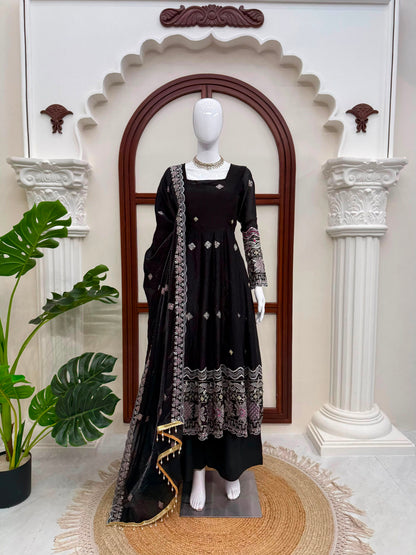 Designer Fendy Silk Anarkali Set with Pant & Embroidered Dupatta