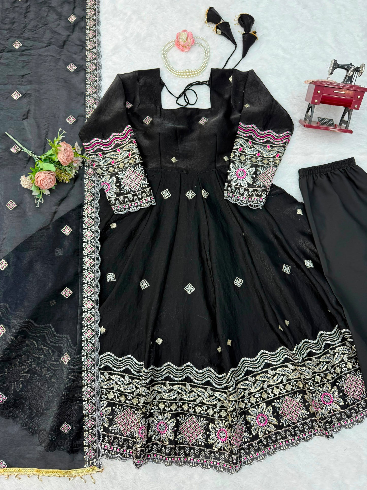 Designer Fendy Silk Anarkali Set with Pant & Embroidered Dupatta