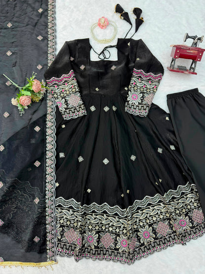 Designer Fendy Silk Anarkali Set with Pant & Embroidered Dupatta