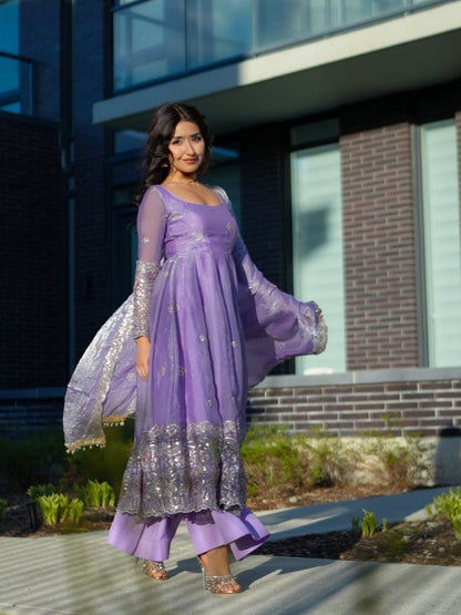 Designer Fendy Silk Anarkali Set with Pant & Embroidered Dupatta