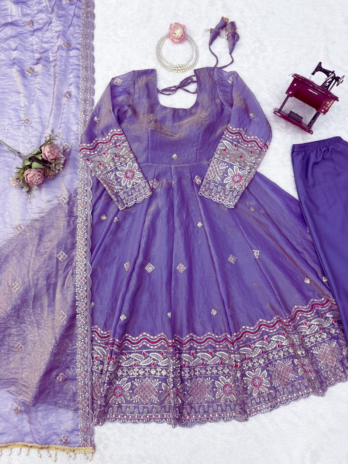 Designer Fendy Silk Anarkali Set with Pant & Embroidered Dupatta