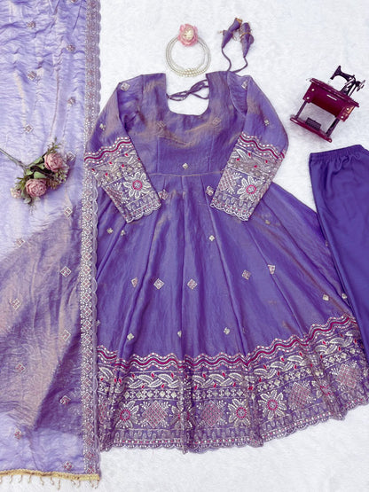Designer Fendy Silk Anarkali Set with Pant & Embroidered Dupatta