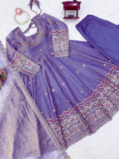 Designer Fendy Silk Anarkali Set with Pant & Embroidered Dupatta