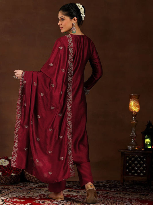 Pure Vichitra Silk Embroidered Kurta Set with Santoon Silk Bottom & Dupatta