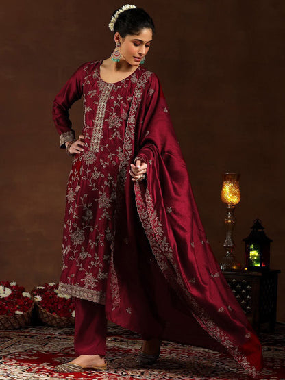 Pure Vichitra Silk Embroidered Kurta Set with Santoon Silk Bottom & Dupatta