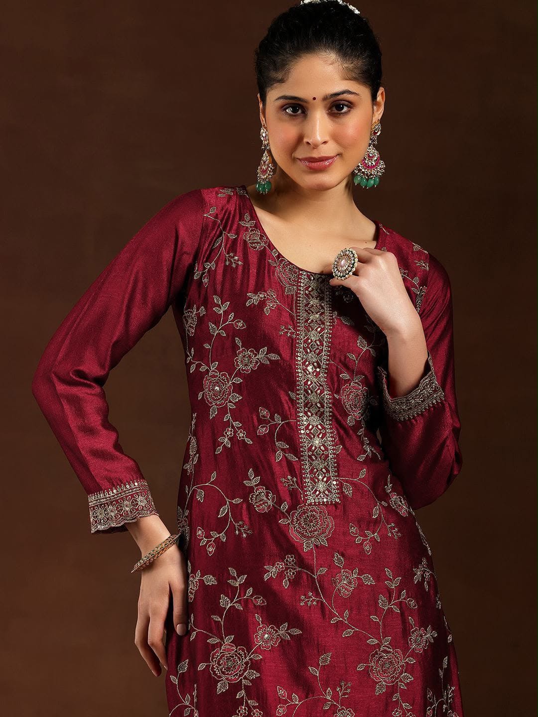 Pure Vichitra Silk Embroidered Kurta Set with Santoon Silk Bottom & Dupatta