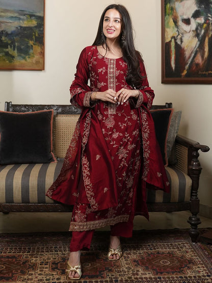 Pure Vichitra Silk Embroidered Kurta Set with Santoon Silk Bottom & Dupatta