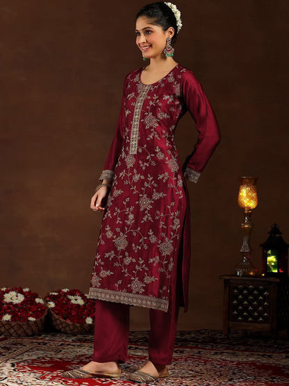 Pure Vichitra Silk Embroidered Kurta Set with Santoon Silk Bottom & Dupatta