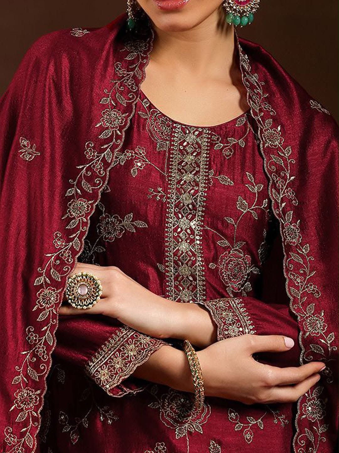 Pure Vichitra Silk Embroidered Kurta Set with Santoon Silk Bottom & Dupatta
