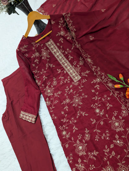 Pure Vichitra Silk Embroidered Kurta Set with Santoon Silk Bottom & Dupatta