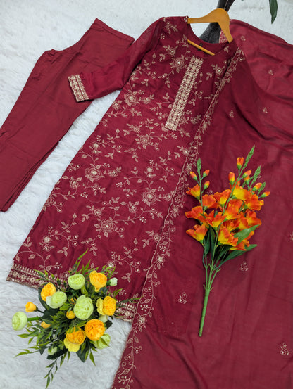 Pure Vichitra Silk Embroidered Kurta Set with Santoon Silk Bottom & Dupatta
