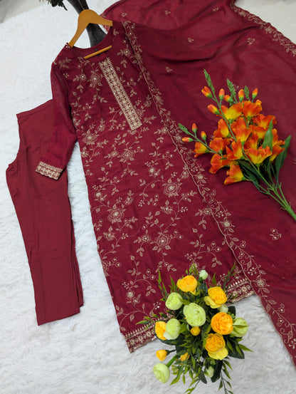 Pure Vichitra Silk Embroidered Kurta Set with Santoon Silk Bottom & Dupatta