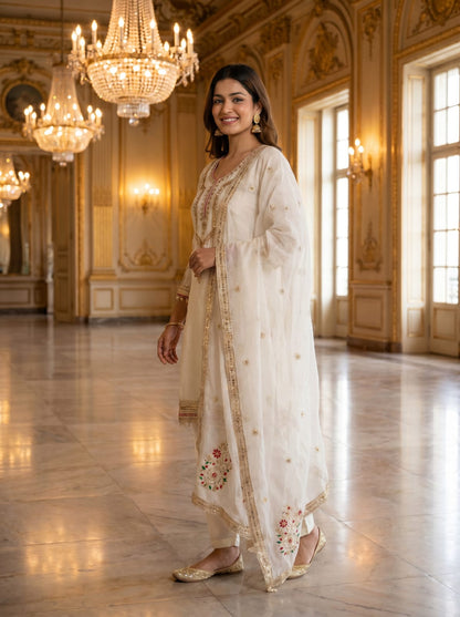 Pure Chinon Silk Embroidered Palazzo Suit Set with Dupatta
