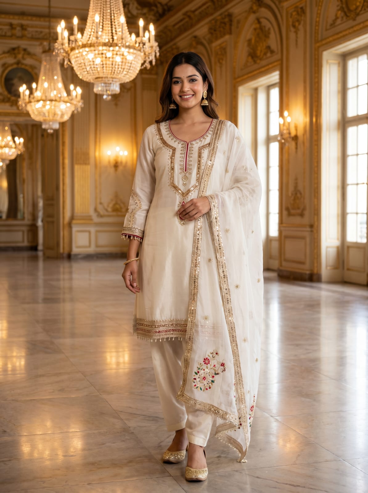 Pure Chinon Silk Embroidered Palazzo Suit Set with Dupatta
