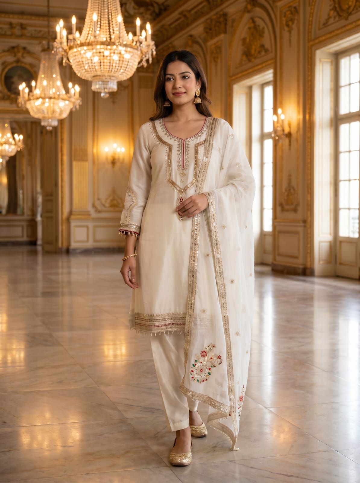 Pure Chinon Silk Embroidered Palazzo Suit Set with Dupatta