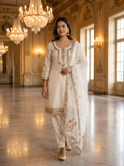 Pure Chinon Silk Embroidered Palazzo Suit Set with Dupatta