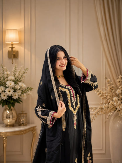Pure Chinon Silk Embroidered Palazzo Suit Set with Dupatta