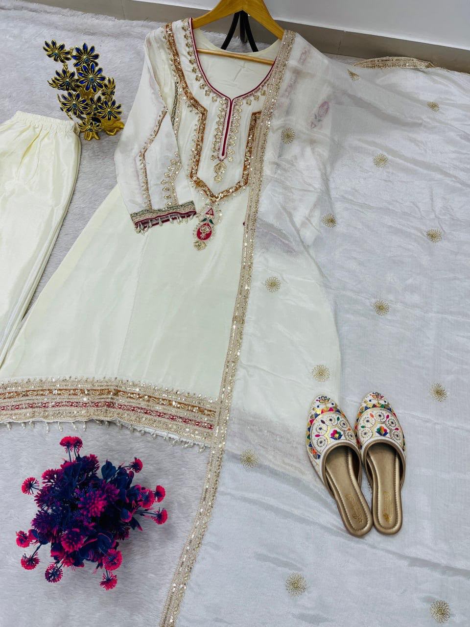 Pure Chinon Silk Embroidered Palazzo Suit Set with Dupatta