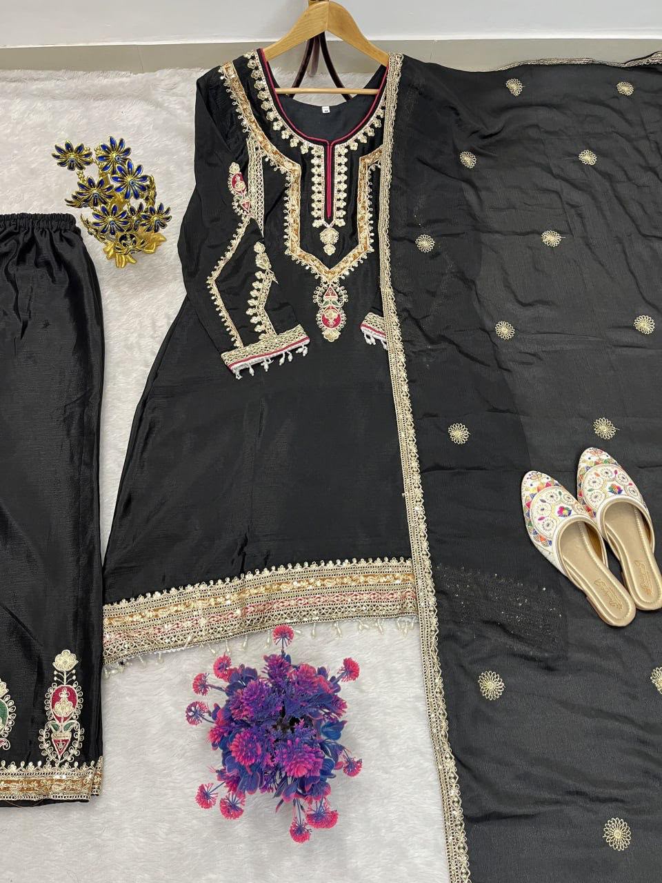 Pure Chinon Silk Embroidered Palazzo Suit Set with Dupatta