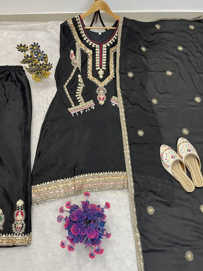 Pure Chinon Silk Embroidered Palazzo Suit Set with Dupatta