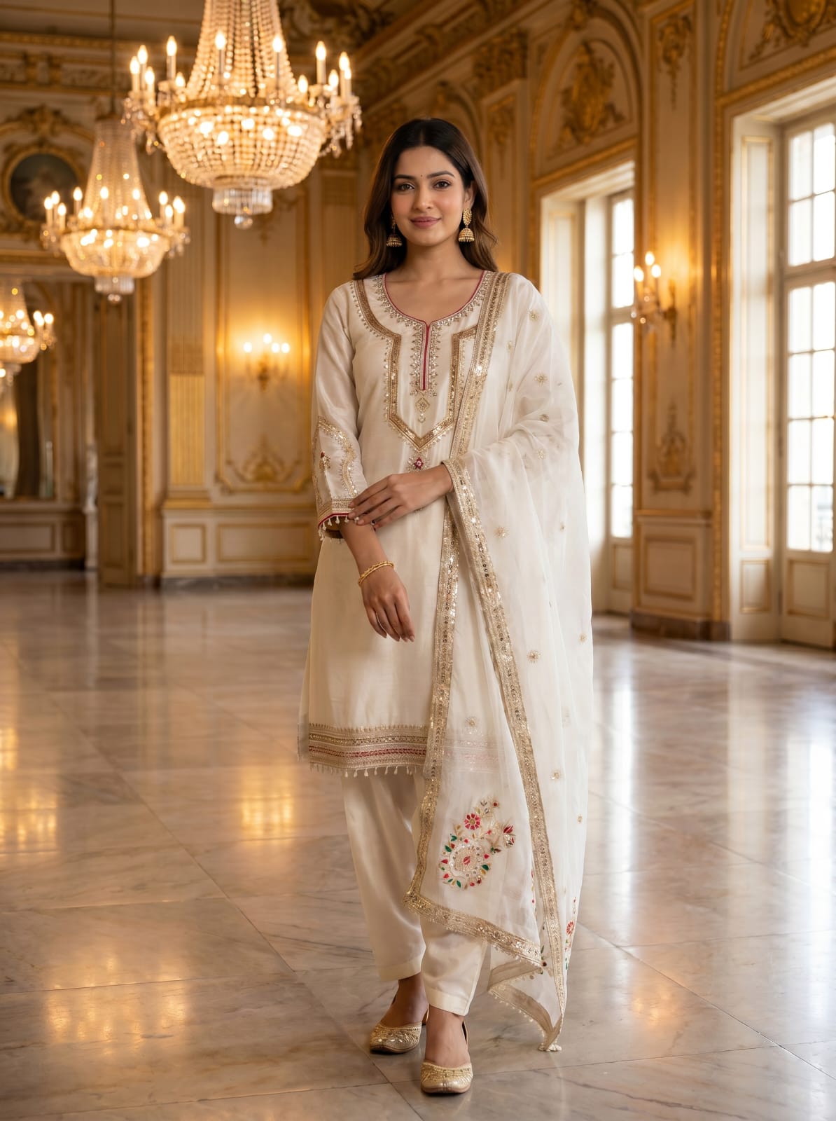 Pure Chinon Silk Embroidered Palazzo Suit Set with Dupatta