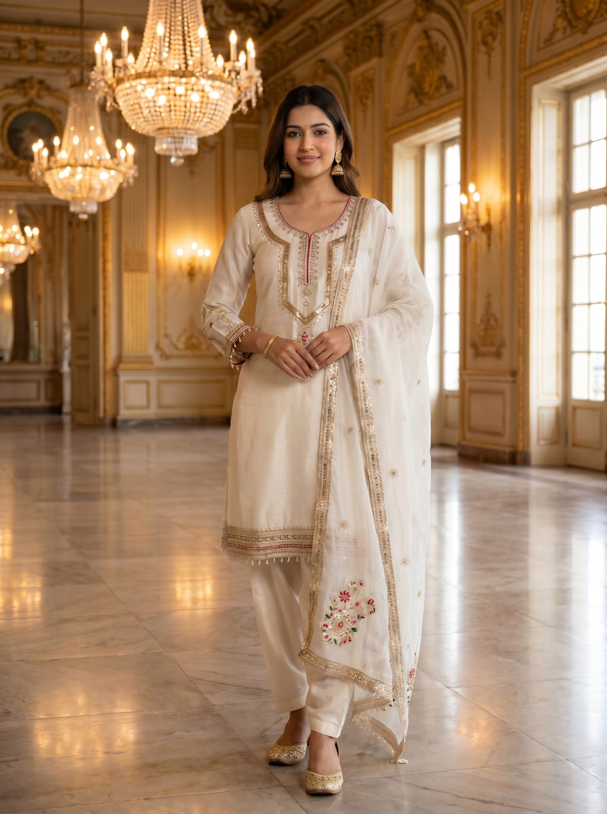 Pure Chinon Silk Embroidered Palazzo Suit Set with Dupatta