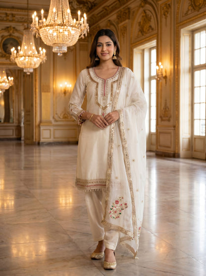 Pure Chinon Silk Embroidered Palazzo Suit Set with Dupatta