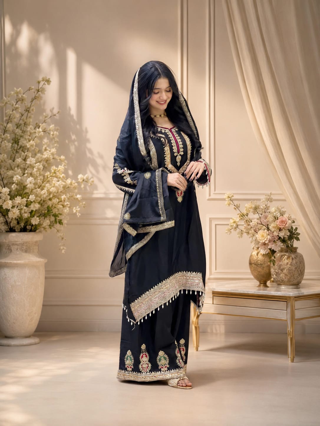 Pure Chinon Silk Embroidered Palazzo Suit Set with Dupatta