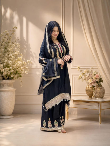 Pure Chinon Silk Embroidered Palazzo Suit Set with Dupatta
