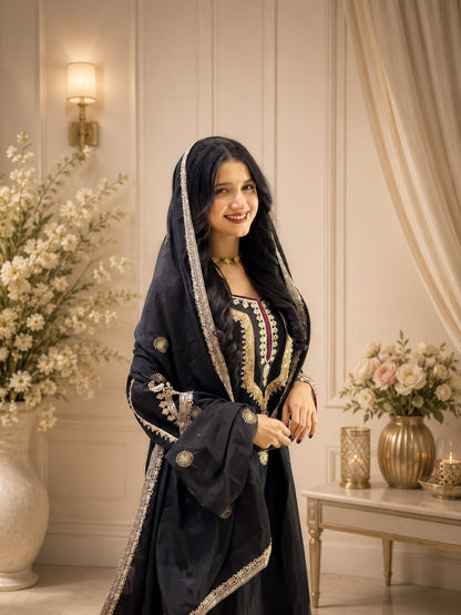 Pure Chinon Silk Embroidered Palazzo Suit Set with Dupatta
